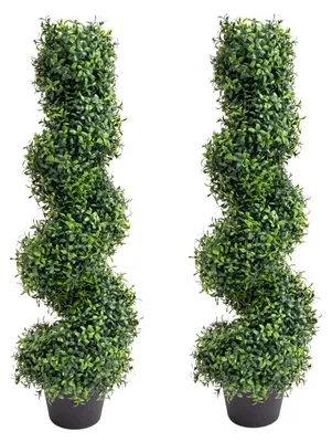 Image de Deux buissons artificiels en forme de spirale, en pot. Décoration réaliste pour intérieur, idéale pour la maison. Hauteur : 90 cm. Couleur : vert