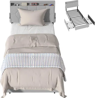 Produktbild von LZQ Polsterbett 90x200 cm mit 2 Schubladen, Einzelbett mit Stauraum & gepolstertem Kopfteil, Leinen Bettgestell inkl. Lattenrost, ohne Matratze, Hellgrau