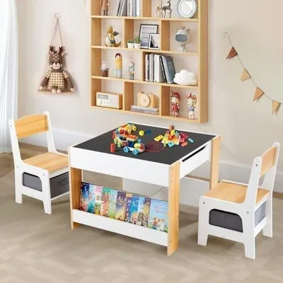 Imagen del producto de Mesa infantil multifuncional con 2 sillas y compartimentos de almacenamiento