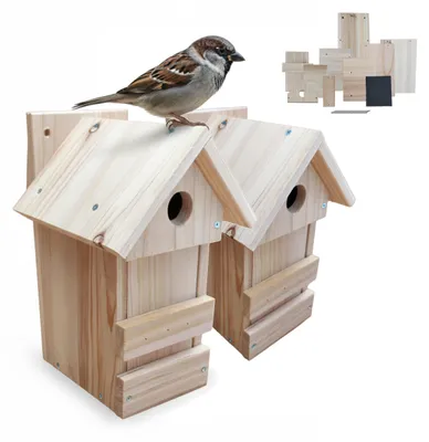 Produktbild von Relaxdays Nistkasten 2er Set, DIY-Bausatz, HBT: 25 x 16 x 16 cm, Flugloch Ø 2,8 cm, Nisthöhle, unbehandeltes Holz, natur