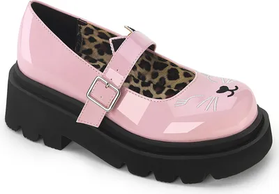 Produktbild von RENEGADE-56 DemoniaCult vegane Damen Plateaupumps gesticktes Katzengesicht babypink Lack