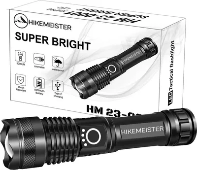 Image de HikeMeister® Lampe de poche LED Rechargeable 3000 lumens, Lampe de poche LED Extrêmement Lumineux Zoomable, 5 modes d'éclairage Lampe de poche LED Petite pour le camping Randonnée Urgences Extérieur