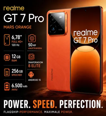 Obrázek produktu pro Realme GT 7 Pro 256 GB, barva Mars Orange, 6,78palcový displej Full HD s obnovovací frekvencí 120 Hz, 50 MP, 12 GB RAM