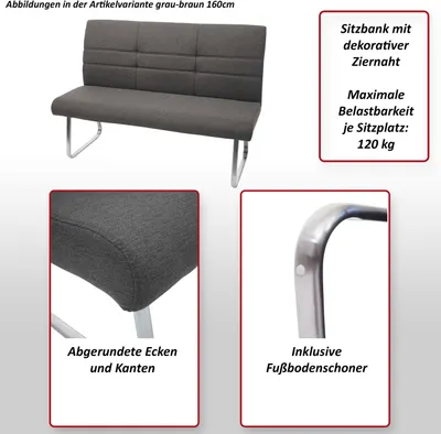Obrázek produktu pro Set 2x jídelní židle+lavice HWC-G55, lavice kuchyňská židle+opěrka, látka/textil nerezová ocel  šedohnědá lavice 160cm