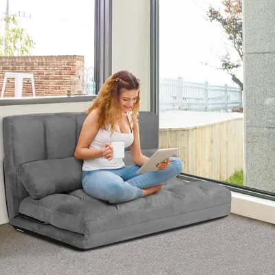 Produktbild von Sofa rozkładana COSTWAY z 2 poduszkami, sofa rozkładana z 6-stopniową regulacją oparcia, rozkładana sofa dla leniwych, sofa podłogowa do sypialni, salonu i na balkon w kolorze szarym