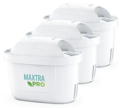 Three white Brita water filter cartridges are arranged in a diagonal line against a white background.