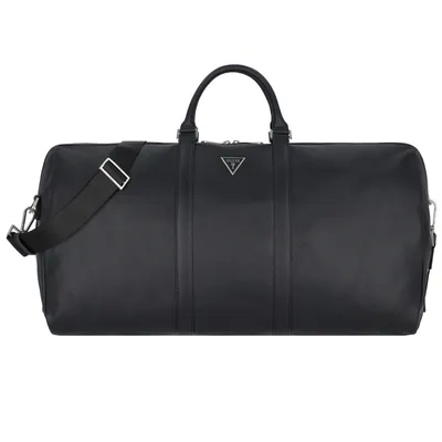 A black duffel bag is shown against a white background.