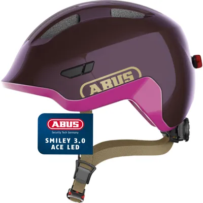 Produktbild von ABUS Kinderhelm Smiley 3.0 ACE LED - Fahrradhelm mit Licht - tiefe Passform & Platz für einen Zopf - für Mädchen und Jungs - Violett Glänzend, Größe M (50-55 cm)