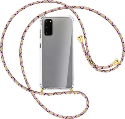 Produktbild von Handykette Backcover-Schutzhülle mit Band (Metall goldfarben) für Samsung Galaxy S20 (G980) - rosa Karo