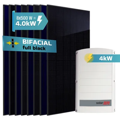 Produktbild von SUNNIVA® 4.0 kW Solaranlage, 8x 500 W Solarmodule Fullblack Bifacial, Wechselrichter SolarEdge SE4K (3-phasig)