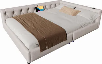 Produktbild von Merax Tagesbett Schlafsofa 140x200 cm, mit LED-Leiste, USB+Typ-C, Knopftuft-Rückenlehne, Lattenrost, Polsterbett, Leinen Daybett, Beige