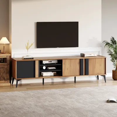 Produktbild von okwish TV-Schrank TV-Lowboard Für Fernseher bis 80 Zoll mit Tür und offenem Fach,Schwarz+braun