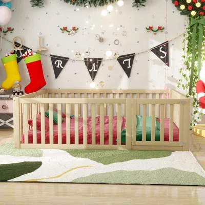 Image de Structure de lit pour enfant - Lit pour tout-petits - Lit à roulettes - Lit d'enfant - Inclut une barrière de sécurité - Chambre d'enfant - Contreplaqué