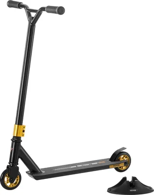 A black and gold stunt scooter is shown against a white background, with a black scooter stand to the right.