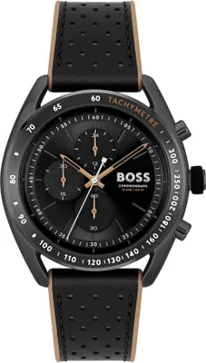 A black BOSS chronograph watch with a black dial and gold accents, featuring a black perforated leather strap with brown stitching.