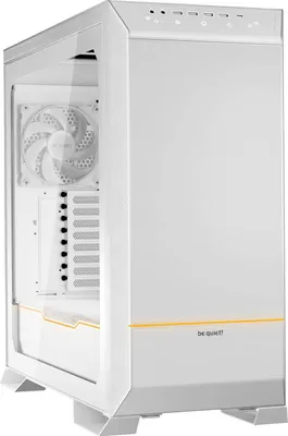 A white computer case with a glass side panel is shown from a three-quarter angle.