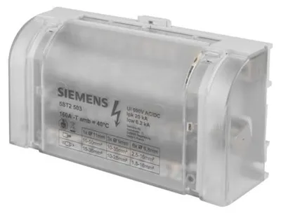 Imagen del producto de Bloque de distribución Siemens, 160A, 4 polos, 500V, 1 entrada de 10-35mm², 3 entradas de 6-25mm², 8 entradas de 2.5-16mm², dimensiones: 50 mm, 690 g, 285 mm, 150 mm, 220 mm, tensión máxima: 690 V