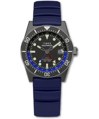 A close-up studio shot of a Timex Deepwater Reef men's watch with a dark gray case and a dark blue rubber strap.