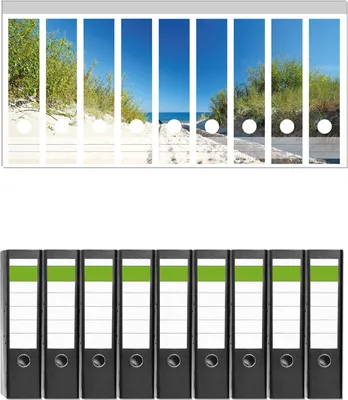 Produktbild von Wallario 9 Stück breite Ordner inkl. Klebeetiketten mit Motive Auf dem Sandweg zum Strand - Blauer Himmel über dem Meer -  Set mit Rückenschildern / Ordnerrücken Stickern