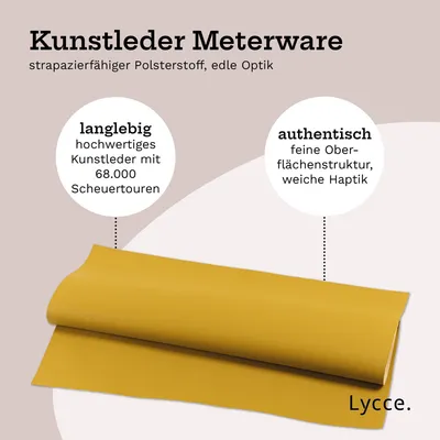 Produktbild von Lycce Kunstleder Meterware soft | 68.000 Scheuertouren | 1 lfm x 1,40 m breiter Polsterstoff für versch. DIY Projekte, als Möbelstoff & zur Reparatur | hohe Lichtechtheit | 430 g / m² | versch. Farben, Farbe:senf
