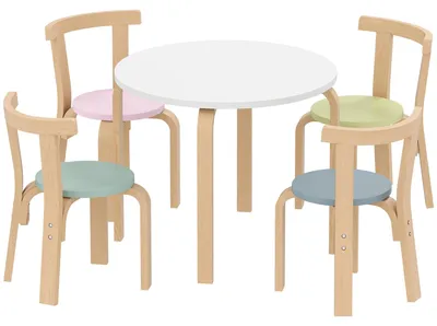 Immagine prodotto di Set da tavolo per bambini in legno, composto da 5 pezzi (tavolo e 4 sedie) | Colore: Bianco, Marrone | Dimensioni: 60x60x50 cm