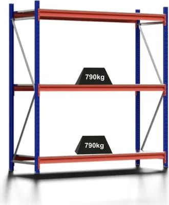 Produktbild von Weitspannregal MOOSE Stecksystem Omega-Profil | Grundregal | HxBxT 200x185x60cm | 3 Ebenen | Spanplatten-Fachboden | Fachlast 790kg | Enzianblau/Reinorange