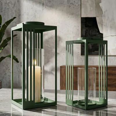 Obrázok produktu pre Sada 2 lampášov zo zeleného kovu 18x18x43,5 - 15x15x36,5 cm