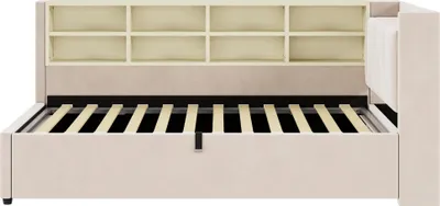 Produktbild von Flieks Polsterbett 90x200cm mit Ladefunktion und Nachtlicht, Tagesbett Schlafsofa mit Rückenlehne und Stauraum, Jugendbett Kinderbett Samt, Beige