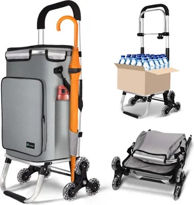 Produktbild von VOUNOT® Aluminium Einkaufstrolley Treppensteiger, Trolly Einkaufswagen Klappbar mit Haken 6 Räder, Grau