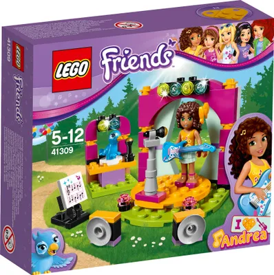 Produktbild von LEGO Friends Andreas Showbühne 41309 – Andrea & Cleo, Drehbühne, Musik, Freundschaftsanhänger – Bühne 6x6x6 cm, Vogelständer 4x3x3 cm – 5-12 Jahre