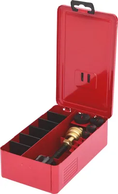 A red metal toolbox with a lid open, showing a tool set inside.