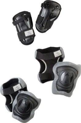 A set of protective gear for sports, including wrist guards, elbow pads, and knee pads.