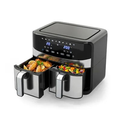 Obrázek produktu pro COSTWAY Horkovzdušná fritéza 2100W 2 komory, Airfryer 8,5 l s průzorem, Sync Cook & Match finish, dotykový displej a 360° horký vzduch, lze mýt v myčce nádobí