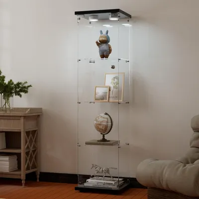 Zdjęcie produktu dla Szafa szklana, witryna z oświetleniem LED, kolor czarny, wymiary: 164 x 42,5 x 36,5 cm, 4 półki, szkło ESG