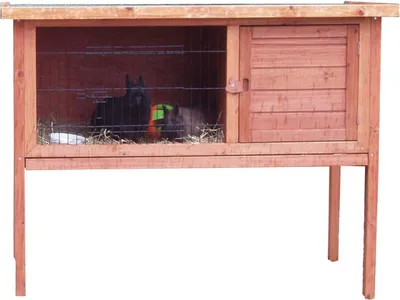 Produktbild von Kaninchenstall Teakholzfarben 117x61x92cm mit Nachtplatz und ausziehbarer Plastiklade