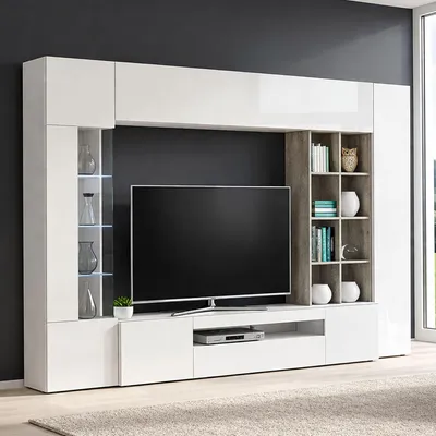 Immagine prodotto di Dmora Parete Attrezzata Andy 40x290x192h cm Bianco Lucido, 24 Vani Apertura Battente e a Ribalta Italy