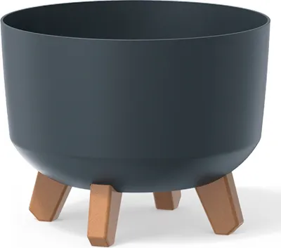 A dark gray planter pot with three wooden legs is shown against a white background.
