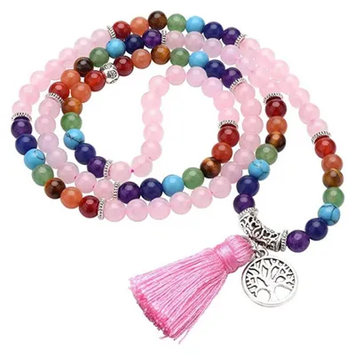 Produktbild von Mala "Chakra Lebensbaum" 108 Rosenquarz- und Chakra Edelsteine mit Metall AC772