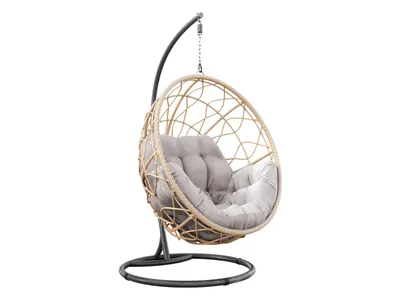 A hanging egg chair with a gray cushion, isolated on a white background.