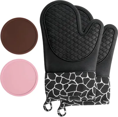 Imagen del producto de Guantes de horno de silicona, resistentes al calor hasta 230 °C, set de 2 guantes y 2 agarraderas, para la cocina