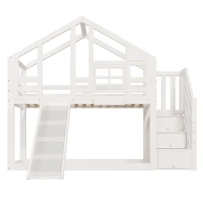 Produktbild von Flieks Etagenbett 90x200cm mit Rutsche, Kinderbett mit Rausfallschutz und Lattenrost, Hochbett mit Treppe für 2 Kinder, Stockbett mit Schublade, Weiß