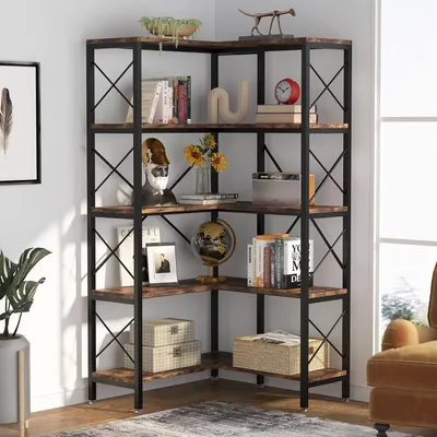 Immagine prodotto di Libreria angolare industriale, marrone, con 5 ripiani, scaffale aperto