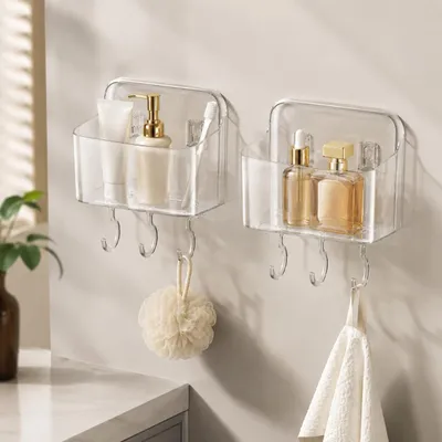 Imagen del producto de Estante para ducha sin taladro, juego de 2 unidades, con 8 ganchos, transparente, para el baño