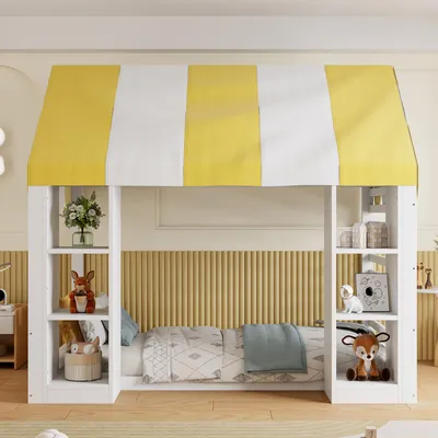 Immagine prodotto di Letto okwish 90x200 con baldacchino decorativo, letto per bambini con scomparti aperti, letto per adolescenti, molto spazio contenitivo, bianco, senza materasso