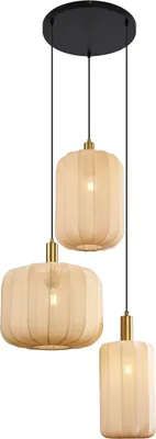 Produktbild von QAZQA - Japandi Japandi Hängelampe I Pendellampe I Pendelleuchte Schwarz und Gold I Messing mit beigem Schirm 3-flammig - Pluni I Wohnzimmer I Schlafzimmer - Textil Rund - LED geeignet E27
