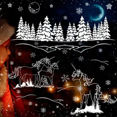 Produktbild von Vorlage Fensterbild Kreidefensterbild Chalky Markers Weihnachtsdeko Weihnachten Weihnachtsbaum Einhorn Einhörner Wald Fensterdeko Fensterbilder ch32