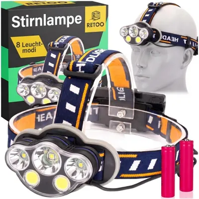 Produktbild von LED Stirnlampe Super Hell Kopflampe COB XPE Taschenlampe 4 Modi Stirnleuchte Bright Wasserdicht Wiederaufladbar Akku Erwachsene Kinder Camping Retoo, KI-generiertes Bild