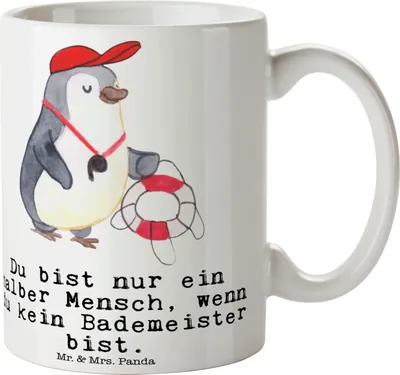 Produktbild von Mr. & Mrs. Panda Tasse Bademeister Herz - Weiß - Geschenk, Freibad, Kaffeebecher, Becher, Schwimmbad, Teetasse, Bedruckte, Lustig, Keramiktasse, Spruch