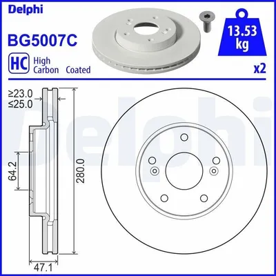 Produktbild von 2x DELPHI Bremsscheibe BG5007C für HONDA CIVIC IX (FK) 47 1mm 280mm