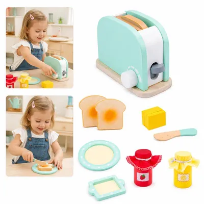 Produktbild von Holz Spielküche Zubehör Set für Kinder, Toaster Rollenspielzeug mit Küchenutensilien und Lebensmitteln für kreative Kochspiele ab 3 Jahren